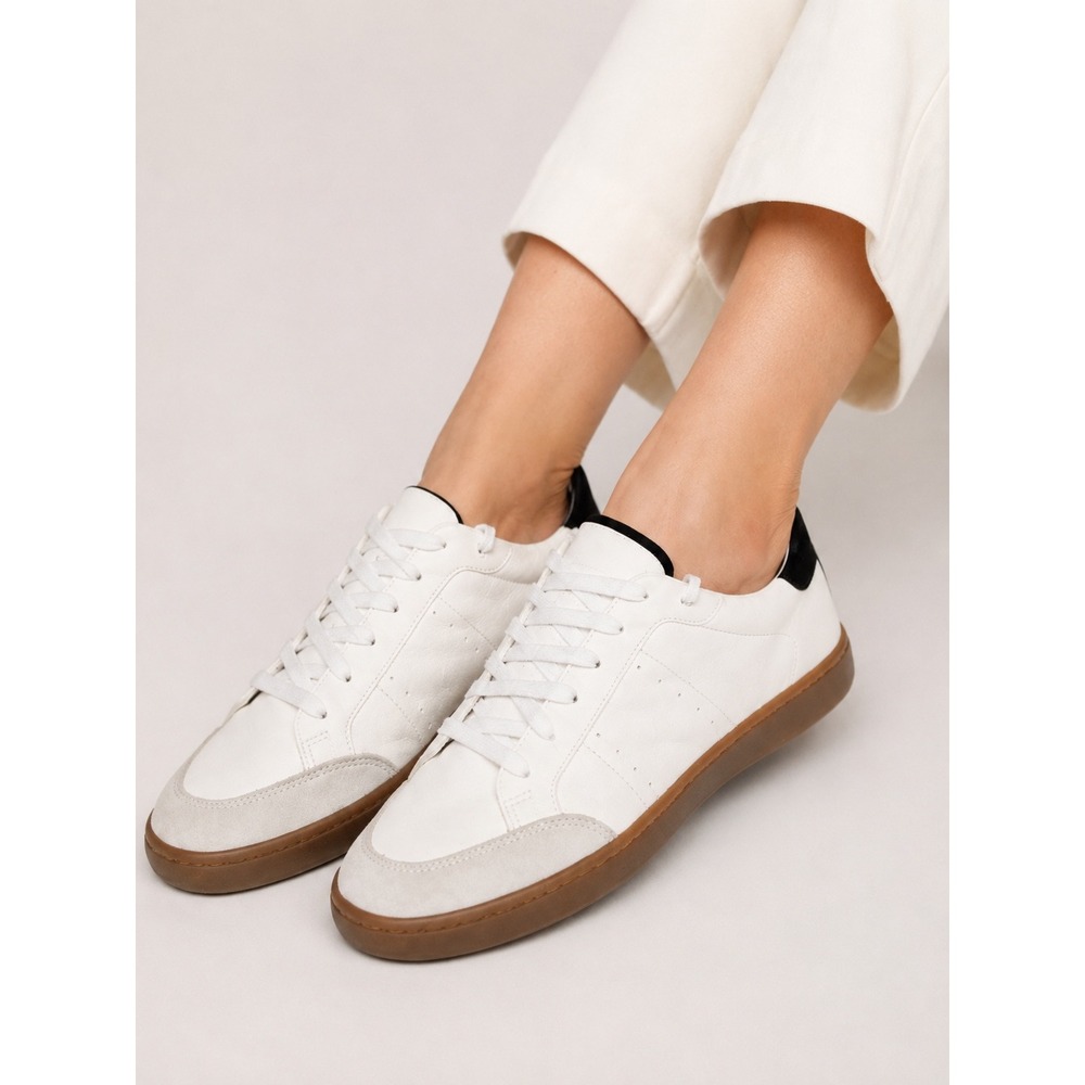 Sam Edelman josi White Leather Sneakers Black Suede Heel Gum Sole